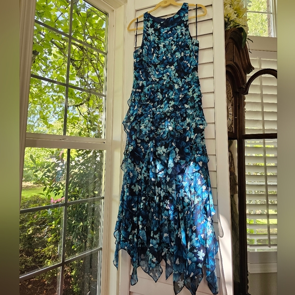 COPY - Badgley Mischka Floral Ruffle Embellished Dress- Blue- Size 8 - Picture 2 of 5